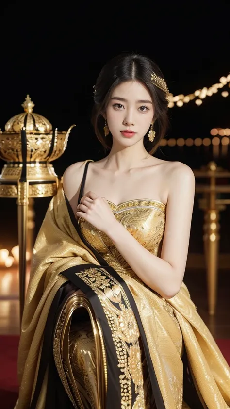 (((best quality))),(((ultra detailed))),(((masterpiece))),illustration,1 beautiful girl,solo,slim,thin,shoulder length straight bob hair,flat chest,Asian appearance,female,young,princess,royal,Chinese palace,night scene,magnificent gown,golden crown,intric...