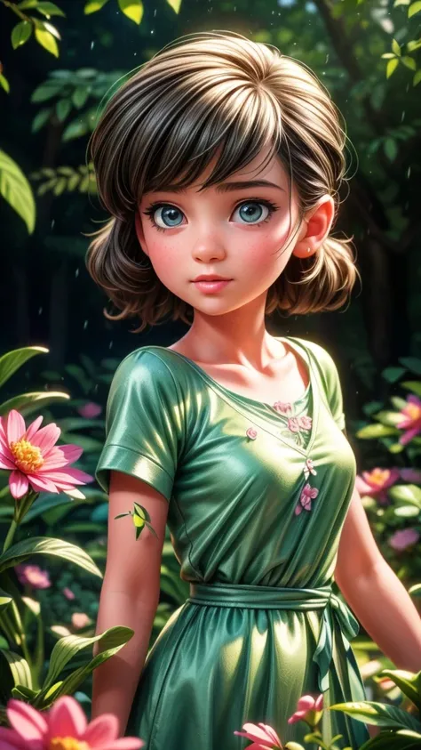 a young girl playing in a garden with blooming flowers after the rain, snail girl, beautiful detailed eyes, beautiful detailed lips, extremely detailed eyes and face, long eyelashes, delicate features, beautiful dress, whimsical expression, (best quality,4...