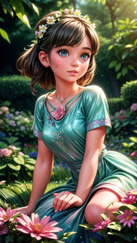 a young girl playing in a garden with blooming flowers after the rain, snail girl, beautiful detailed eyes, beautiful detailed lips, extremely detailed eyes and face, long eyelashes, delicate features, beautiful dress, whimsical expression, (best quality,4...