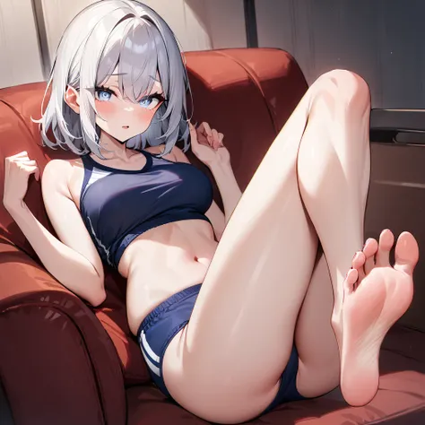 1girl,legs,breasts,foot,masterpiece,best quality,very aesthetic, absurdres,pale hair,pale  eyes,light  blue eyes,Detailed eyes,(Toes),(buruma:1.3),(simple)