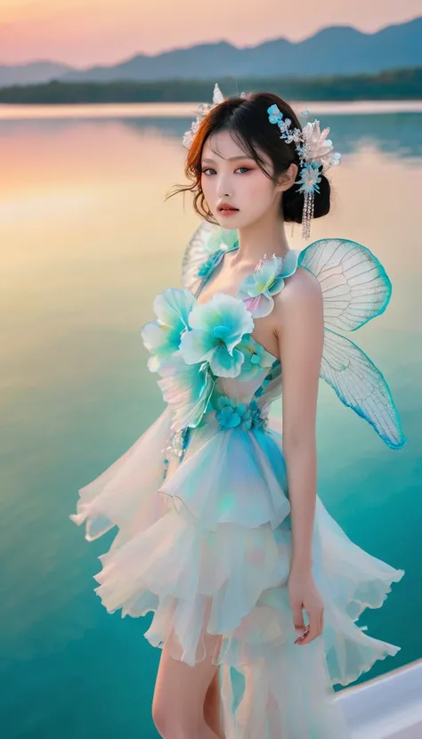 bird’s eye view fashion photoshoot of a cute beautiful face young japanese woman,(realistic beauty skin, beauty detailed face, winged eyes), yeonhwa, wearing a haute couture jellyfish dress, on a tropical white realm dream water catwalk on mars, turquoise ...