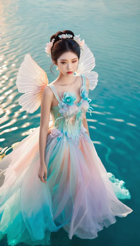 bird’s eye view fashion photoshoot of a cute beautiful face young japanese woman,(realistic beauty skin, beauty detailed face, winged eyes), yeonhwa, wearing a haute couture jellyfish dress, on a tropical white realm dream water catwalk on mars, turquoise ...