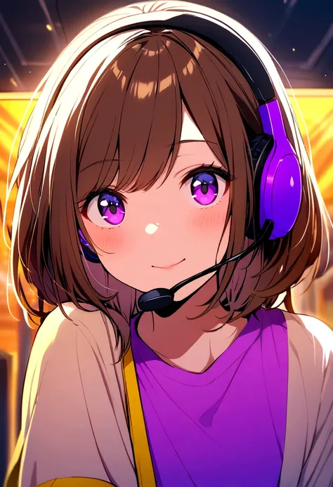 Girl, shirt yellow purple,hair brown, headset 