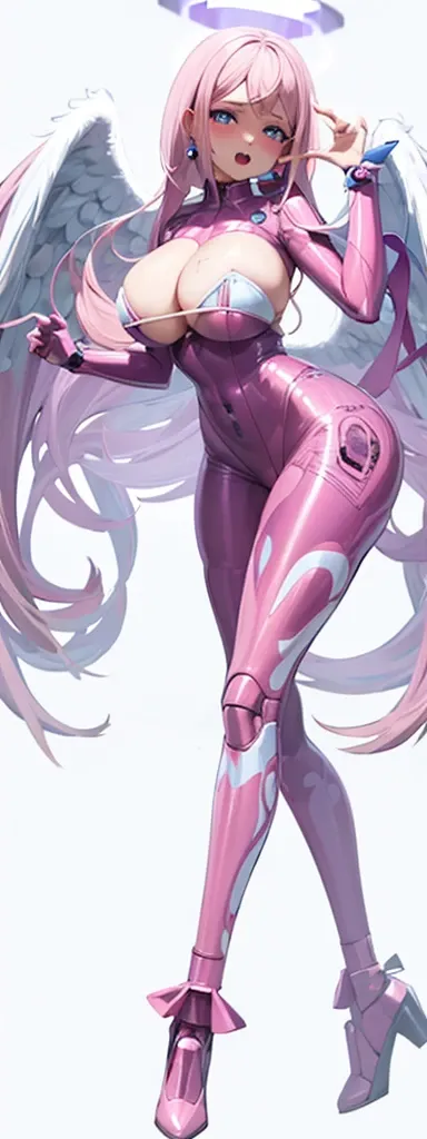 Anime girl with angel wings and a pink bodysuit posing, Abnormally enlarged hips, tits, super wide angel, biomechanical tits, tits proportions, chic, Bubble Gum Body, Shiny skin, Highly detailed body, Cute sexy ass, latex BODY suit, Pink Hair, Heart-shaped...