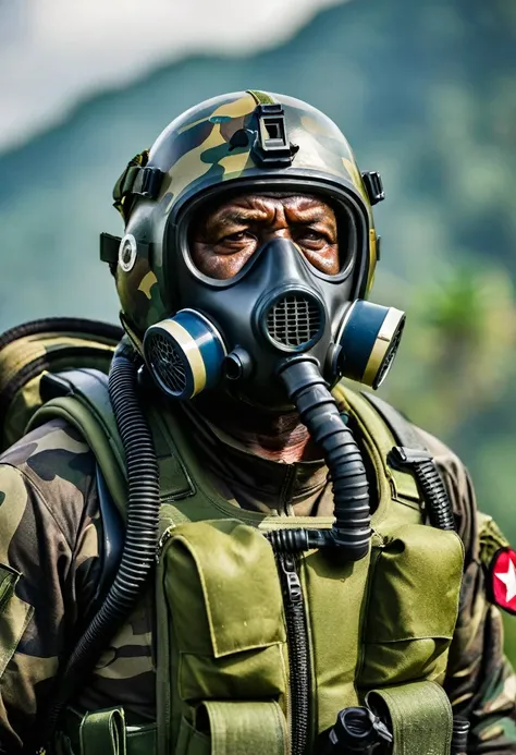 (a dark-skinned fat old man in a bulky camouflage zipper diver suit) carrying a rifle and (wearing air force pilot helmet with oxygen mask that cover his mouth and nose), muscular, Basuki Abdullah, sumatraism, action, a character portrait, heroic, fierce, ...