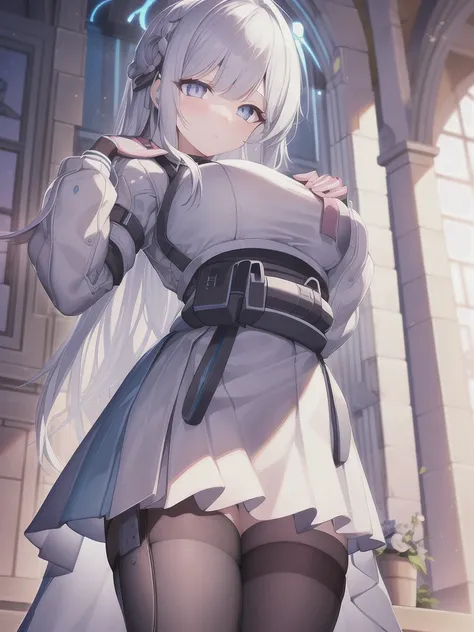 A girl，long hair, Bangs, White hair, Hair between the eyes, Purple Eyes:（1.5),  (Large Breasts:1.2), 
rest  锁骨, Wedding dress，veil，wedding，White dress，Flowers，Broken skirt，White socks，Tights，White knee socks，
looking at viewer, whole body,
indoors, church，...