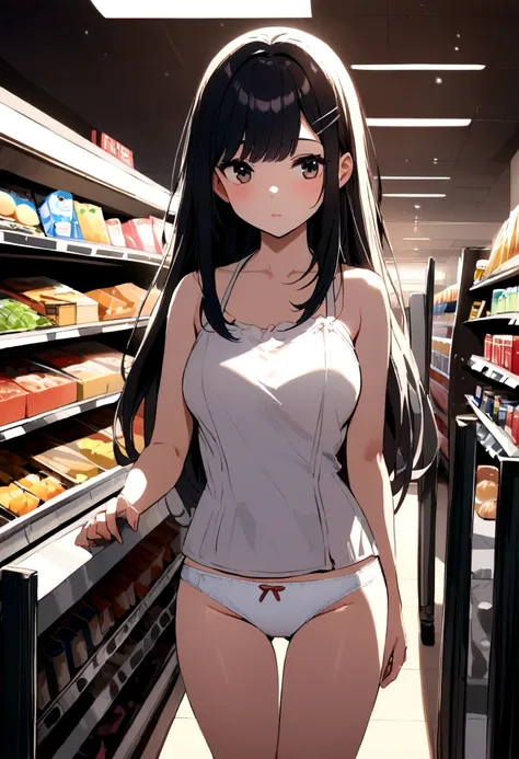 Young Wife　shopping　Supermarket　Black Hair　Long Hair　hairpin　White panties　Panty shot