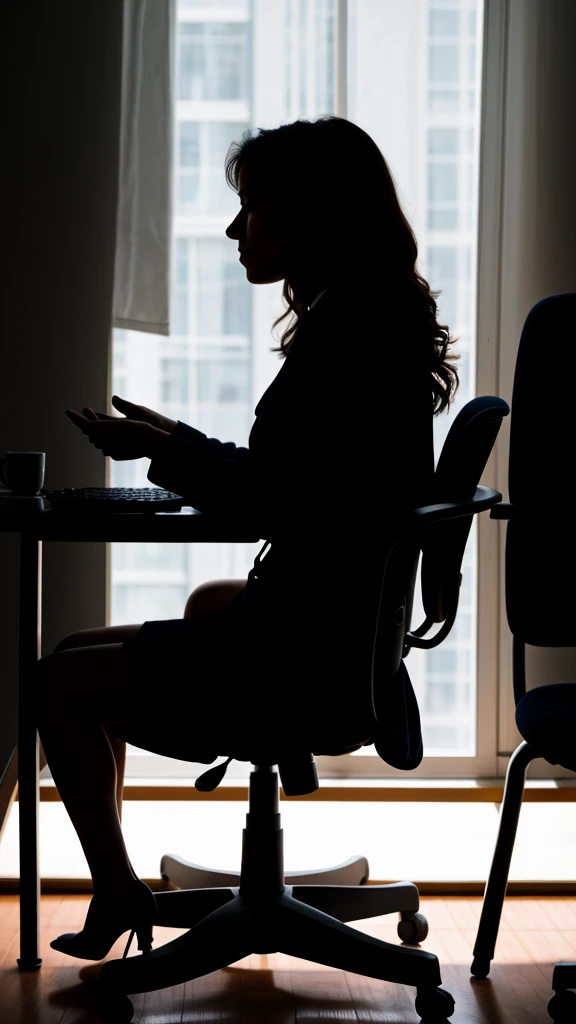 A silhouette of a woman sitting in a chair in a studio where she will be interviewed in the real world 