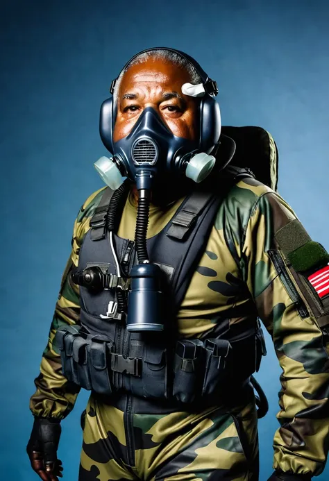 (a dark-skinned fat old man in a bulky camouflage zipper diver suit) carrying a rifle and (wearing air force pilot helmet with oxygen mask that cover his mouth and nose), muscular, Basuki Abdullah, sumatraism, action, a character portrait, heroic, fierce, ...