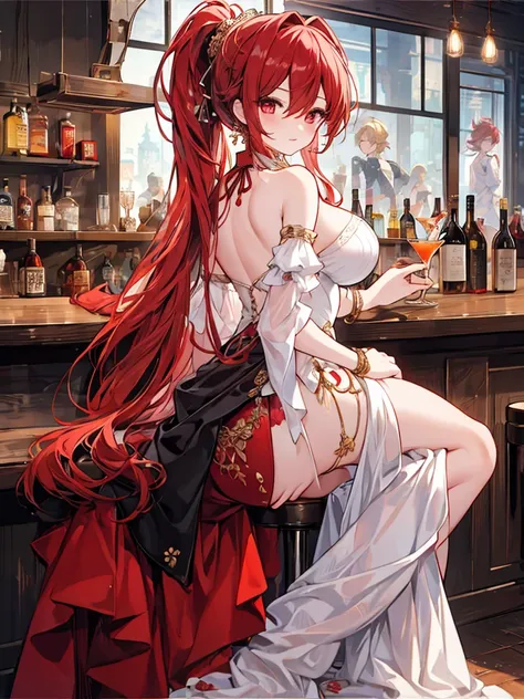 Long skirt, Anime style painting, An illustration, liquor, Woman sitting at a bar drinking a cocktail, look back, back, 背景の棚には多彩な色のliquor瓶が並んでいる, Quiet bar, Calm expression, Perfect hands, elder, Red Hair, The dignity of a 50-year-old, ほろ酔いのwoman, solo、(Hi...