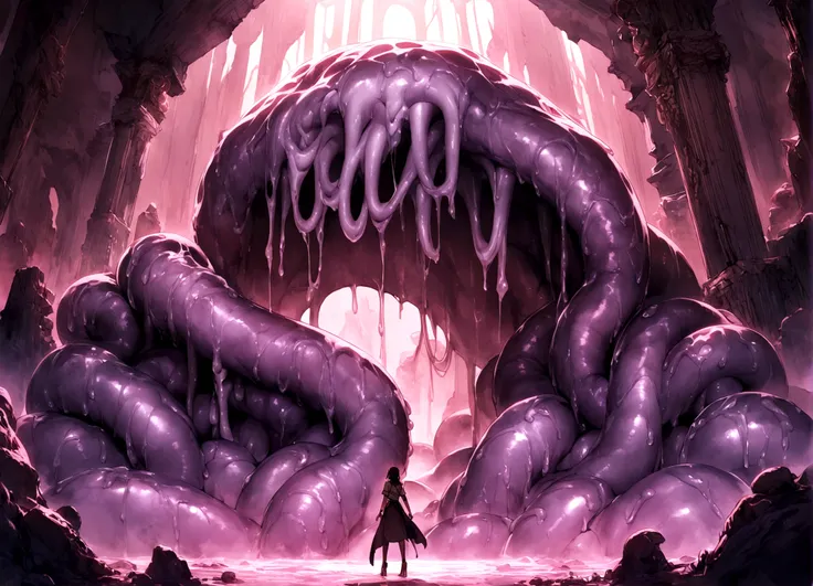 A lovely female indiana Jones (sexy explorer outfit), has discovered the throne chamber in an ancient ruin. (Eldritch symbols cover the odd obsidian wall partly obscured by slimes, molds, and fungus), (A throne of power(made of bone and gold pulsing with e...