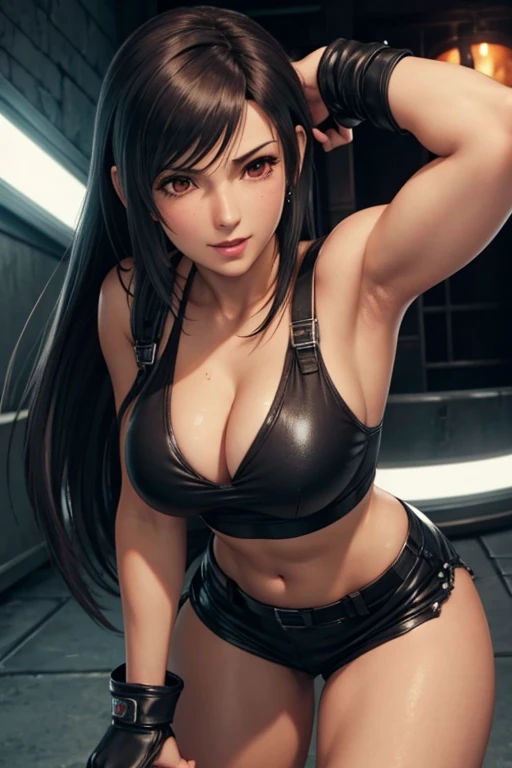 High quality detailed image of Tifa costume from Final Fantasy 7 leaning forward blushing face winking at the viewer 