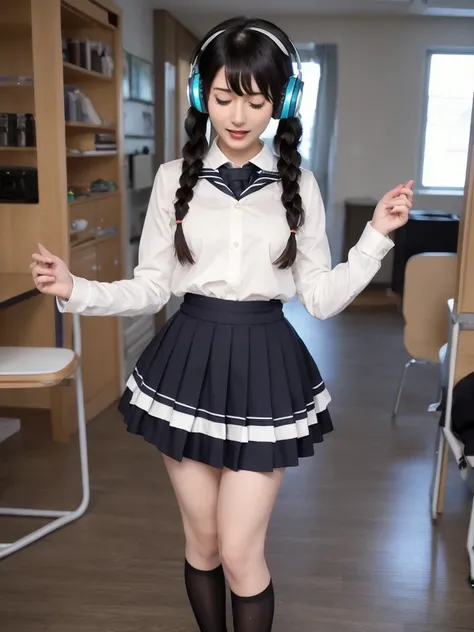 best quality, masterpiece, realistic, photorealistic, standing, cosplay, BLACK hair, twintails, hair ornament, very short hair, headphones, , sailor collar, shirt, long sleeves, necktie, skirt, pleated skirt, white thighhighs, loafers, 30 years old、Japanes...