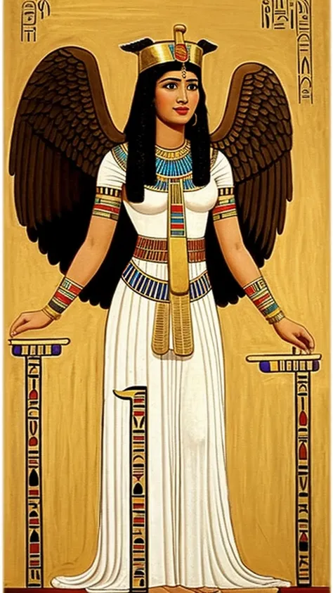 Ancient Egyptian young woman in a beautiful dress with goddess wings in ancient Egypt reality 