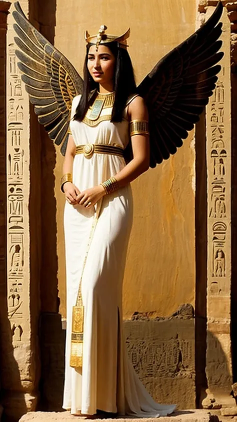 Ancient Egyptian young woman in a beautiful dress with goddess wings in ancient Egypt reality 