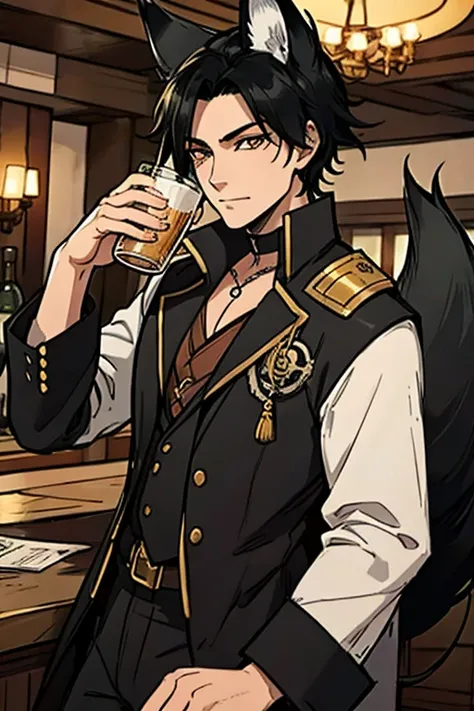 A handsome black haired foxman with golden eyes with black fox ears and a black fox tail in a pirates uniform is drinking at the bar in a pirate city