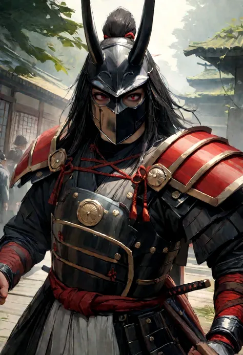 (Best Quality,4k,8k,high resolution,Masterpiece:1.2),ultra detailed,realist:1.37,a samurai in the Sengoku period of Japan,wearing full samurai armor,Black samurai mask,holding a sharp samurai sword,the intense feeling of oppression,bright red eyes