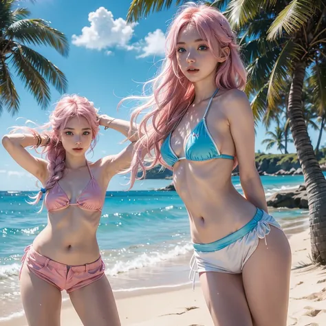 Light pink hair, blue eyes,  blue sky, Vibrant colors, Colorful Bikinis、Shorts、splash, Light Racing, Wavy long hair、splash、Light of the sun、Braid、Sandy Beach、8K、Cinematic scenes、alone、There&#39;s an iguana nearby