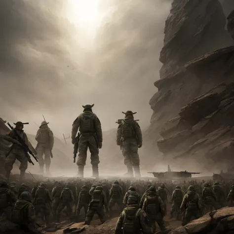 a large group of soldiers standing in formation, highly detailed military uniforms, disciplined posture, dynamic poses, dramatic lighting, cinematic composition, epic battle scene, dark and gritty, muted earth-tone palette, volumetric fog, ambient occlusio...