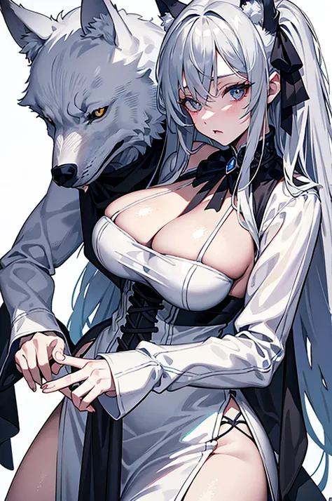 best qualtiy，tmasterpiece，The is very detailed，4K，Gray hair and shallow eyes，Drag cool expressions，Wolf ears，Erect scar on the left eye，British style，1girl，Absolutely beautiful, huge breasts, white costume, ear ribbon