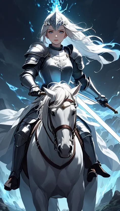 A female knight on horseback. She is holding a sword. A white flower on her head. The sword has a glowing aura. The background is black.