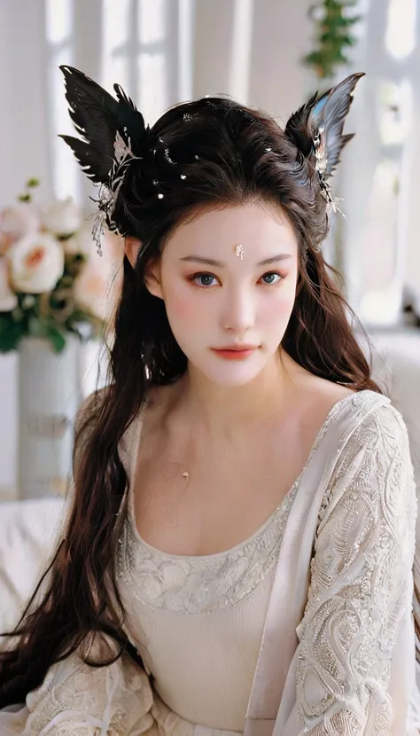 bird’s eye view fashion photoshoot of a cute beautiful face eccentric artistic young japanese woman,(realistic beauty skin, beauty detailed face, winged eyes), liv_arwen, in haute couture, posing in a white modern living room, black and brown pastel colors...