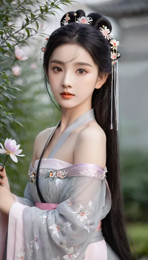 (Little Girl: 1.5), Lace, Ribbon, Hanfu, (masterpiece, Side Light, Beautifully and beautiful gray eyes: 1.2), masterpiece, Practical, Glowing eyes, Shiny hair, Black Hair, Long hair, Glowing skin, Solitary, Awkward, Strapless, Beautifully, beautiful, garde...