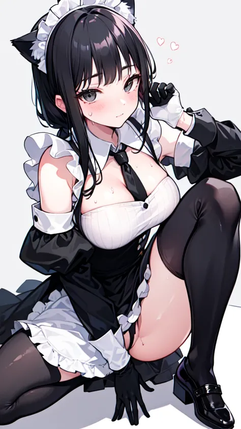 18-year-old boy，cute，Wear the maid outfit and a black work tie，Wear a maid hat，Wear cat ears，Wear black pants，Wear black booties，Wear white gloves，Black hair，Black eyes，blush，sweat，porn pose