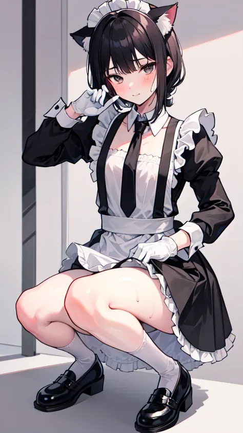 18-year-old boy，cute，Wear the maid outfit and a black work tie，Wear a maid hat，Wear cat ears，Wear black pants，Wear black booties，Wear white gloves，Black hair，Black eyes，blush，sweat，porn pose