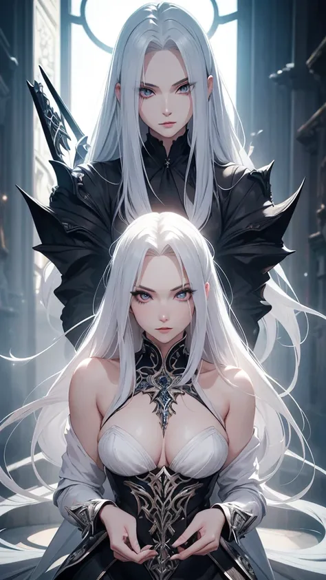 masterpiece, highest quality, (solo focus), (perfect face:1.1), (full body), (high detail:1.1), (hyper detailed eyes), dramatic, a woman with pale skin and long voluminous white hair, white eyes, solo, long hair, arrogant expression, Sephiroth, heels, deta...