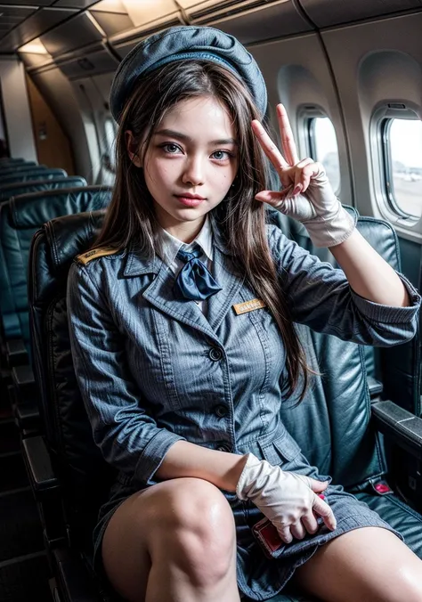 The image features young beatiful woman wearing a skyblue stewardess uniform with a matching hat and white gloves. The person is making a peace sign with the right hand. The background is inside a plain with passengers sitting.