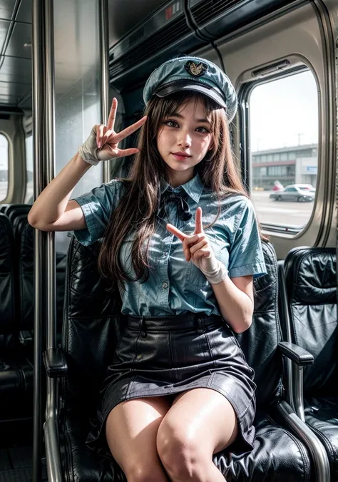 The image features young beatiful woman wearing a skyblue stewardess uniform with a matching hat and white gloves. The person is making a peace sign with the right hand. The background is inside a plain with passengers sitting.