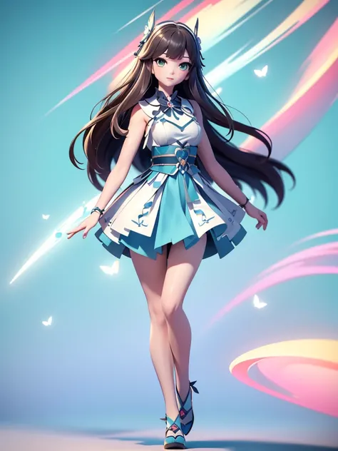 Seizo Watase style, Simple Line Initialism，Abstract art, 3d character, colorful hearts ,(((The most beautiful girl of all time))),  (full body 1.2), only girl, long hair, bufferfly and sky background, 20 year old, full body, (((8k))), (((3d))), brow hair, ...