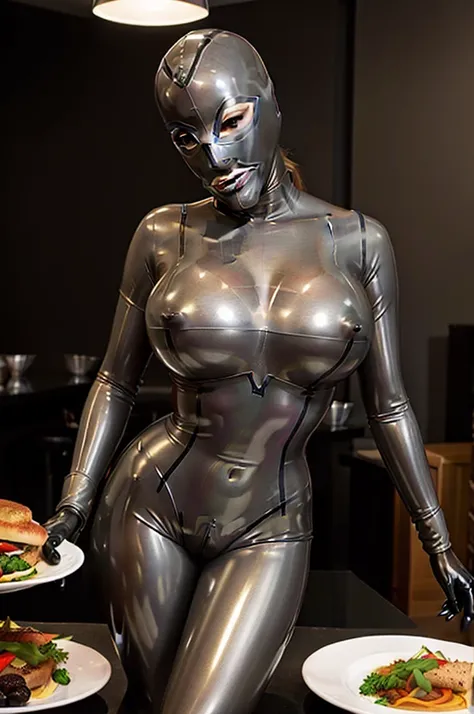 (far shot, full shot), photorealistic masterpiece, photoshoot, hasselblad photography, face, (skinny) Adult waitress wearing a silver (latex mask, l, open latex catsuit:1.5), (large breasts, perfect cleavage, round breasts, plunging neckline:1.2), extremel...