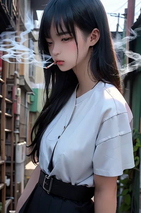 student, uniform, smoking, White shirt, tie, traitor, slim, Backpack, Lots of smoke, flat, Black Skirt, Pretty face, beautiful, Long Hair, Face Focus, Half closed eyes, relax, pale, Asian eyes, Straight hair, Asian, Swollen lips, Lip gloss, Pouting