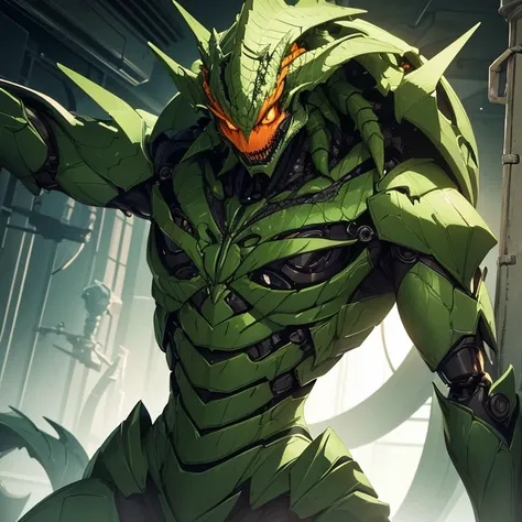 (Absurdres, best high quality image and character, very detailed features, very detailed character, very detailed scene, upper body)
{{1character, evil, biomechanic humanoid reptilian, green scales, 3 orange eyes, laughing}}