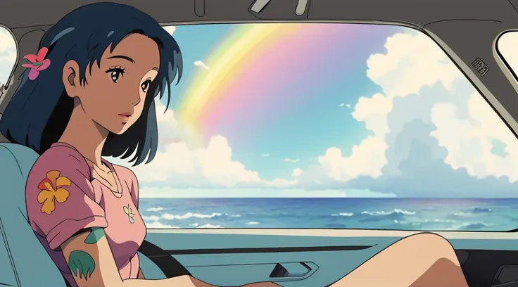 masterpiece, Highest quality, Rainbow Style, anime, Beautiful Asian Girl, tattoo, Sitting in a car, Along the Hawaiian Coast, Cute and dreamy,anime,Illustrator,Lo-fi Girl, Blues,