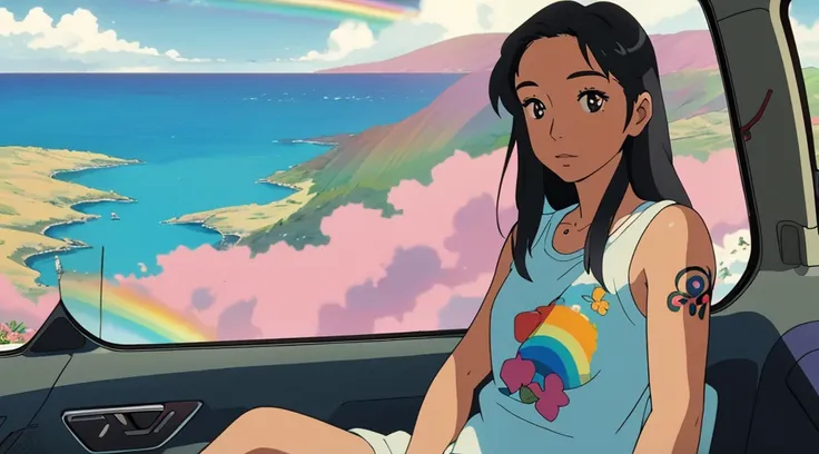 masterpiece, Highest quality, Rainbow Style, anime, Beautiful Asian Girl, tattoo, Sitting in a car, Along the Hawaiian Coast, Cute and dreamy,anime,Illustrator,Lo-fi Girl, Blues,