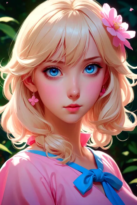 Blonde blue-eyed anime girl in pink and blue dress, Digital Anime Illustration, Anime style. 8K, Anime styled digital art, Artwork in the style of Guweiz, Kawaii realistic portrait, Anime style portrait, Ilya Kuvshinov. 4K, Digital Animation Art, Anime sty...