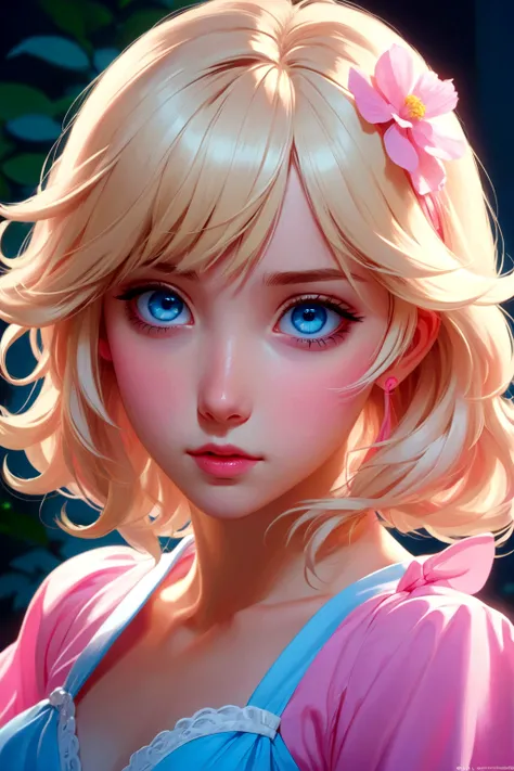 Blonde blue-eyed anime girl in pink and blue dress, Digital Anime Illustration, Anime style. 8K, Anime styled digital art, Artwork in the style of Guweiz, Kawaii realistic portrait, Anime style portrait, Ilya Kuvshinov. 4K, Digital Animation Art, Anime sty...