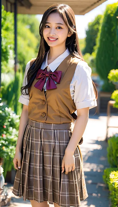 (cowboy shot),Ultra-high resolution,big eyes,(brown eyes),Japanese,(forehead),(a girl),(1 girl),((17 years old)),(cute),pretty,((facing at viewer)),grin,(white school uniform)