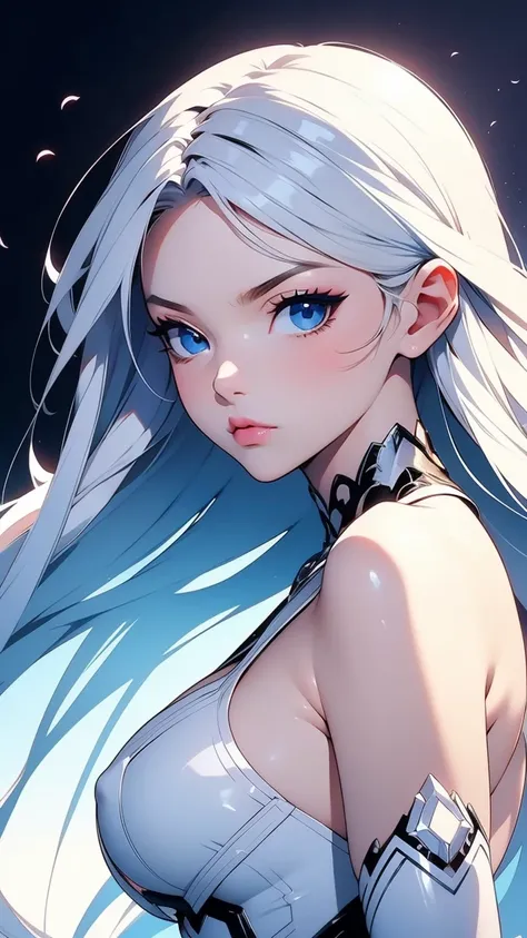 (masterpiece),((Highly detailed long silver hair)),((expressive blue eyes)),Highly detailed white dress,deep cleavage,serious expression,extremely beautiful woman, pale white skin,silver jewelry,best quality,cel shading,etherial light,masterpiece, 8K HD,hi...