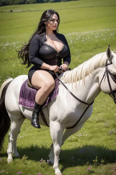 A large, voluptuous woman, in provocative, sensual clothing, riding a tiny pony.
  The woman should have expressions of amusement and defiance on her face, while the pony appears burdened and exhausted under her weight.
  The scene takes place in a lush gr...