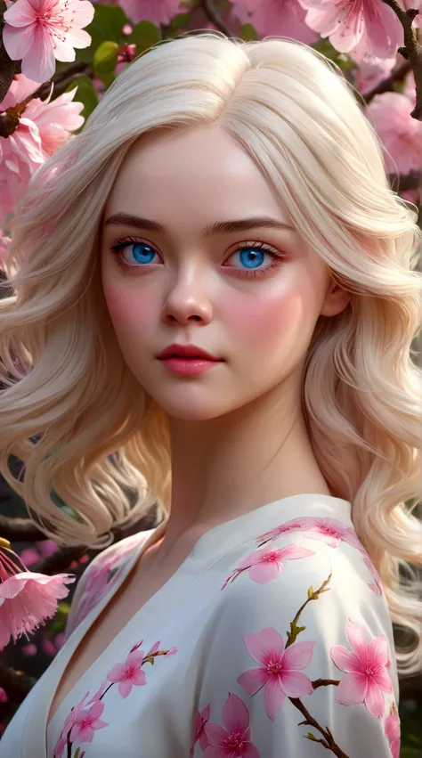 A tree full of pink flowers，Blonde woman with blue eyes and white hair, Soft portrait shots 8 k, inspired by Yanjun Cheng, Alexey Egorov, elle fanning (Elle Fanning) portrait, Detailed portrait of a beautiful woman, 审美portrait, Beautiful digital illustrati...