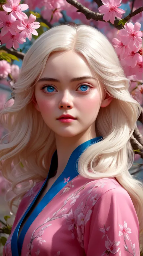 A tree full of pink flowers，Blonde woman with blue eyes and white hair, Soft portrait shots 8 k, inspired by Yanjun Cheng, Alexey Egorov, elle fanning (Elle Fanning) portrait, Detailed portrait of a beautiful woman, 审美portrait, Beautiful digital illustrati...