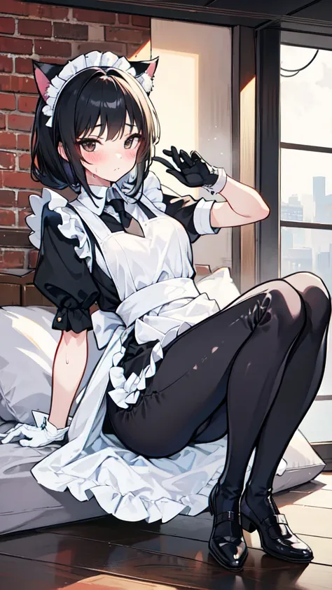 18-year-old girl，cute，Wear the maid outfit and a black work tie，Wear a maid hat，Wear cat ears，Wear black pants，Wear black booties，Wear white gloves，Black hair，Black eyes，blush，sweat，porn pose