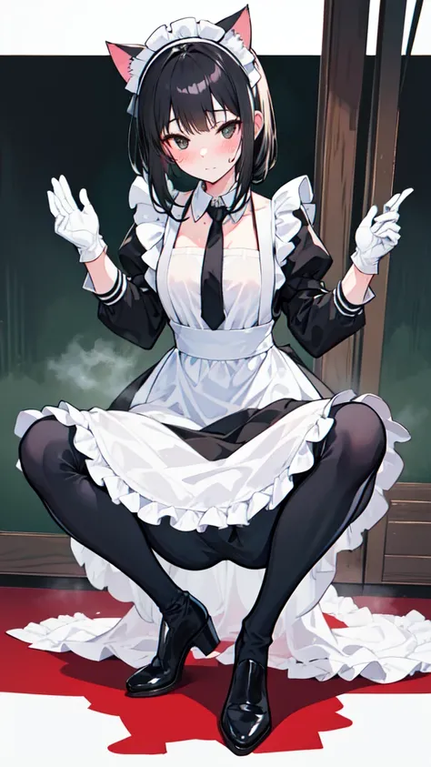 18-year-old girl，cute，Wear the maid outfit and a black work tie，Wear a maid hat，Wear cat ears，Wear black pants，Wear black booties，Wear white gloves，Black hair，Black eyes，blush，sweat，porn pose