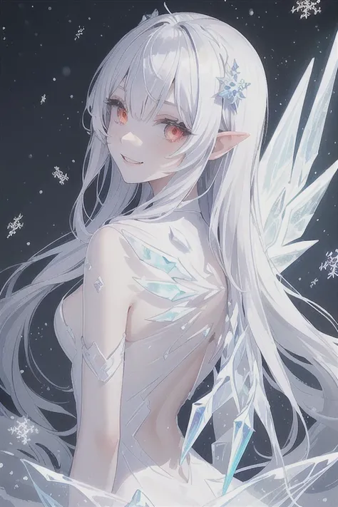 [Appearance]　(monster girl make of ice sharps)++, cute,(one monster girl)+++, (skin made of ice)+++, (body made of ice)++,(translucent skin)++, (beautiful silver hair), long hair,red glowing eyes,(red eyeliner)+,(Beautiful face), beautiful eyes, beautiful ...