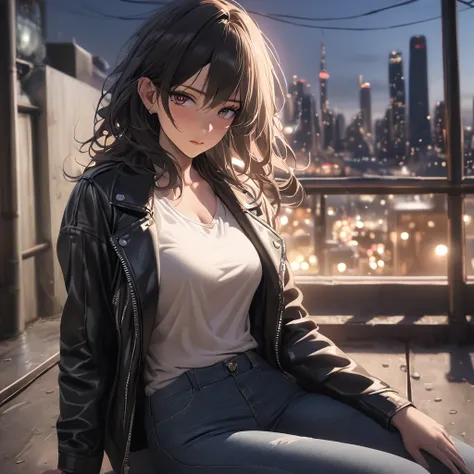  (best quality, 8k, masterpiece, highres, ultra-detailed), photorealistic, Tsukasa Hojo style, woman, black leather jacket, white T-shirt, tight denim jeans, long black hair, slightly messy hair, city skyline, rooftop, night, moody lighting, melancholic ex...