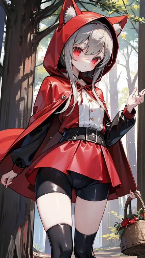 grace，Cool girl，Handsome girl，little Red Riding Hood，Red Cape，Red hood斗篷，Forest Background，Forest Background，Hooded girl with a basket，Wave Girl，Wolf Ear Girl，Wolf Ear Hood，Red hood，Close-up above the waist，Tight leather jacket，hunter style，Tights，Tight le...